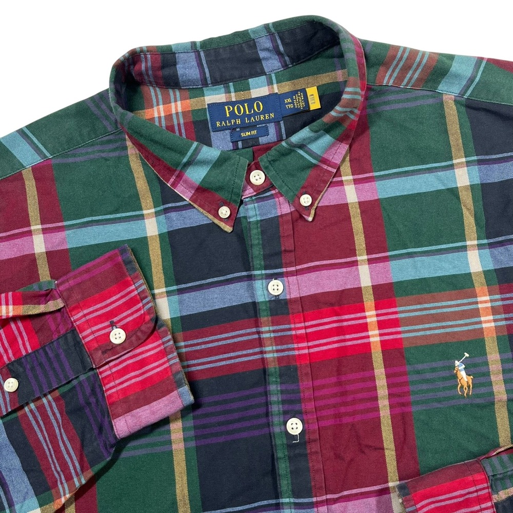 Polo Ralph Lauren Button Down Mens XXL Green Red Plaid Slim Fit Cotton Pony Logo